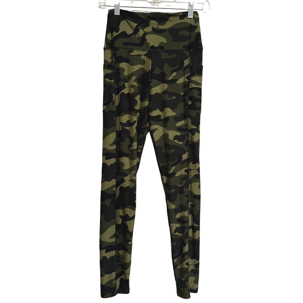 Womens Green Camouflage High Waisted‎ Athletic Leggings with Side Pocket S/M
